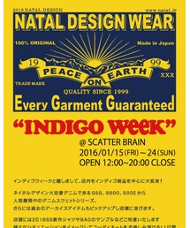 INDIGOWEEK | NATAL DESIGNのへッドショップ、スキャターブレインでINDIGO WEEKという店頭イベントを行います！ 巷で好評だという人気デニムシリーズを揃えていますので良かったら遊びに来てください〜  @SCATTERBRAIN 2016.01.15〜24まで OPEN 12:00〜20:00 CLOSE(その他)