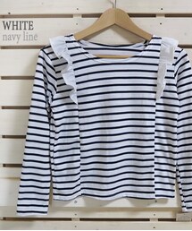 Tiffee Store | 肩フリル 長袖ボーダーカットソー(Tシャツ/カットソー)