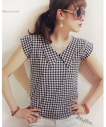 Tiffee Store | ギンガムチェック柄フレンチスリーブ襟付きトップス(シャツ/ブラウス)