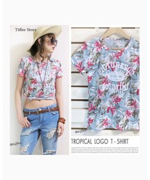 Tiffee Store | トロピカル×ロゴ半袖ストレッチTシャツ(Tシャツ/カットソー)