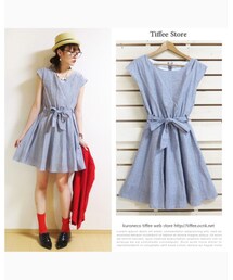 Tiffee Store | ストライプ柄リボンベルトフレアワンピース(ワンピース)