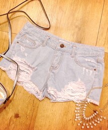 Herheels.H | 刷破拼接蕾絲短褲(デニムパンツ)