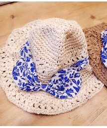 Herheels.H | 青花瓷蝴蝶結草編帽(サンバイザー)