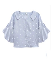 「商品番号：STPS3705」高級感溢れる♥韓国風ドット柄シフォンフレア袖七分袖シャツ(シャツ/ブラウス)