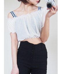 オフショルシフォントップス×ギンガムビスチェ (トップス)