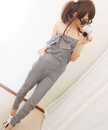 ギンガムチェックフリルベアオールインワン (サロペット/オーバーオール)