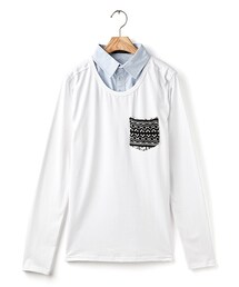 長T-斯文學院假兩件襯衫男上衣(Tシャツ/カットソー)