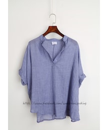 衣櫥料理 | V領薄棉麻蝙蝠袖皺摺T恤(その他トップス)