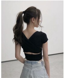 DW STYLE | 新作Ｖネック無地スリムショートシンプルカットソー(Tシャツ/カットソー)