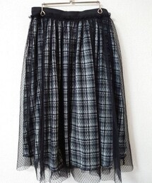 E hyphen world gallery | チェック柄 チュール付 ミディ丈 ギャザースカート ブラック(スカート)