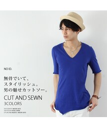 NO ID. | 切りっぱなし裾深Vネック5分袖コットン100カットソー(Tシャツ/カットソー)