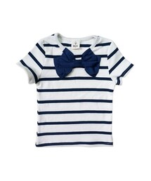 半袖トップス-アイボリー地ボーダーリボンネイビー(Tシャツ/カットソー)