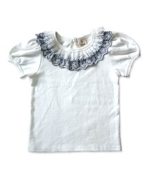 半袖トップス-ホワイト地×衿レース半袖(Tシャツ/カットソー)