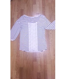 earth music&ecology | 白地細め紺ボーダー七分丈Tシャツ(Tシャツ/カットソー)