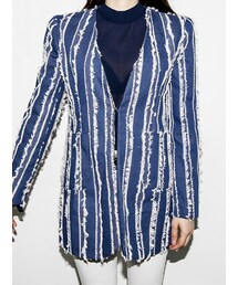 フリンジストライプノーカラーデニムジャケット(ナイロンジャケット)