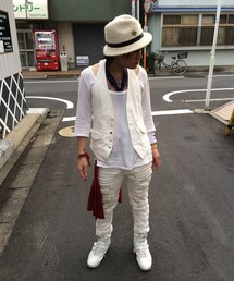 charm cult | Gilet:QL mansion
Inner:charm cult
Pants:NO ID.
Shoes:JOHN LAWRENCE SULLIVAN
Hat:不明
HIP FLAP:NUMBER(N)INE
Ring:JUSTIN DAVIS
Bracelet:Moonage Devilment


(Tシャツ/カットソー)