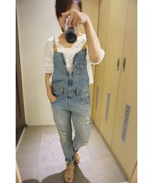 leto korea 接皮吊帶破損長褲(デニムパンツ)