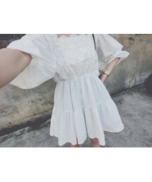 gracegift | 初秋漫遊 韓國胸口蕾絲領縮腰洋裝(ワンピース)