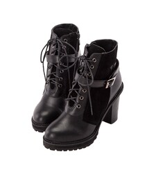 gracegift | 韓國異材質拼接綁帶粗跟短靴(ブーティ)