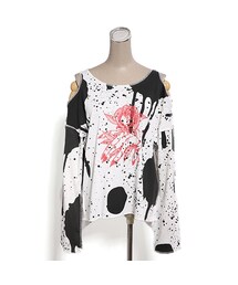 紅いHand Rose†ペンキ飛沫風プリント肩開き長袖カットソー(Tシャツ/カットソー)