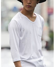 REPIDO | 天竺Ｖネック無地ポケット付七分袖Ｔシャツ(Tシャツ/カットソー)