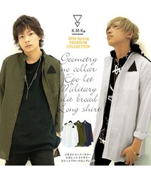KINGLYMASK |  ジオメトリー ノーカラー エポレット ミリタリー スリット ブロード ロング シャツ スタンドカラー バンドカラー(シャツ/ブラウス)