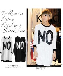 KINGLYMASK | "ＮＯ" 裏地 リバーシ プリント ワイド スリット ビッグ ロング 7分袖 Ｔシャツ ロンＴ(Tシャツ/カットソー)