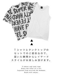 KINGLYMASK | 英字 総柄 ストリート メッシュ ビッグ Tシャツ × タンク トップ アンサンブル セット(Tシャツ/カットソー)