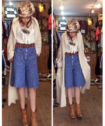 usedマキシカーディガン | usedニットカーディガン、usedT.ヴィンテージデニム、usedキャミ、usedファーハット(トップス)