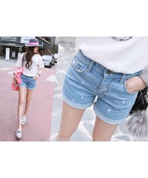 ダメージ加工デニムショートパンツ(デニムパンツ)