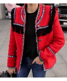 ミックスカラーツイードフリンジジャケット(ノーカラージャケット)