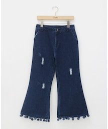 ハイウエスト裾ボンボンデニムワイドパンツ(デニムパンツ)