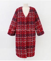 Vネックチェック柄ミックスコート(ノーカラージャケット)