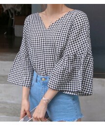 11AM | ギンガムチェックフリルVカットブラウス(シャツ/ブラウス)