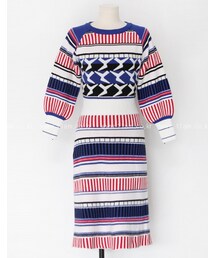 ミックスパターンミディロングニットワンピース(ワンピース)