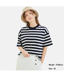 GU | 女裝條紋重磅寬版T恤(5分袖)(Tシャツ/カットソー)