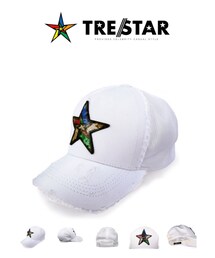 TRE☆STAR | TRE☆STARのロゴにスパンコールをあしらったワッペンがフロントにセットされたメッシュキャップ☆☆☆ 全体にダメージ加工を施し、こなれ感のあるラフな表情のキャップに仕上げました。 ステッチはダブルステッチを採用し、バックに縫われた三ツ星の刺繍がアクセントになったシンプルなデザインのアイテムです。 深めの被り心地で７段階のアジャスタブル機能付きでサイズ調整が可能です。(キャップ)