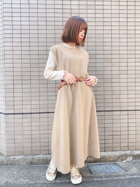 「Crisp（クリスプ）の丸バックルレザーベルト（ベルト）」を使った、m a r iさん（レディース・150cm）の秋コーディネート