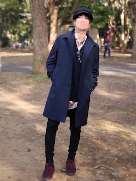 「417 EDIFICE（フォーワンセブンエディフィス）のアイテム（ステンカラーコート）」を使った、YOGGIさん（メンズ・170cm）の春コーディネート