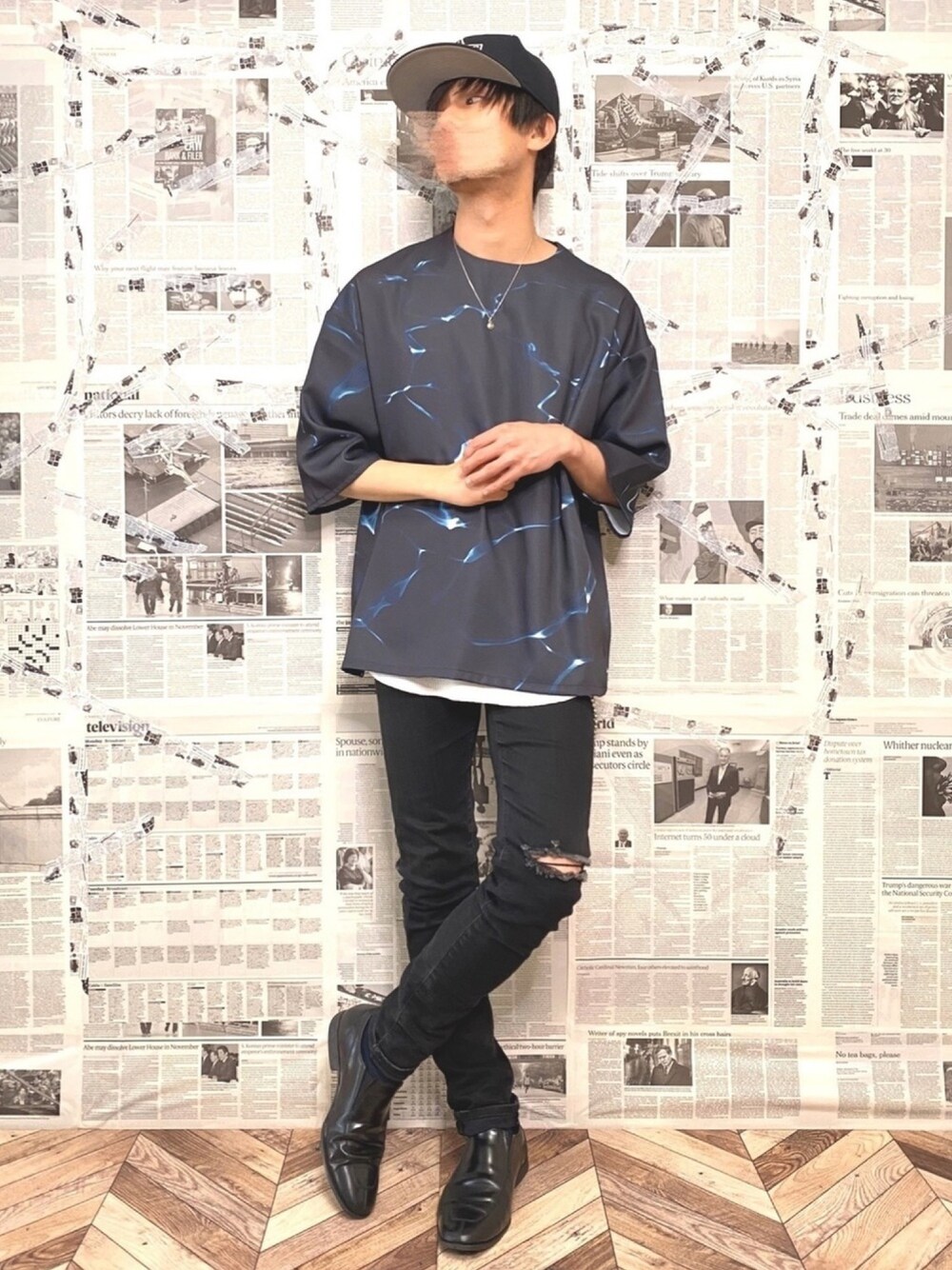 「ストリート、キャップ、オールブラック、柄シャツ、総柄、ビックシルエット、HARE、ユニクロ、UNIQLO、夏」｜「RUDIE'Sのアイテム（キャップ、ブラック系）」を使った、YOGGIさん（メンズ・170cm）の春コーディネートの1枚目の写真