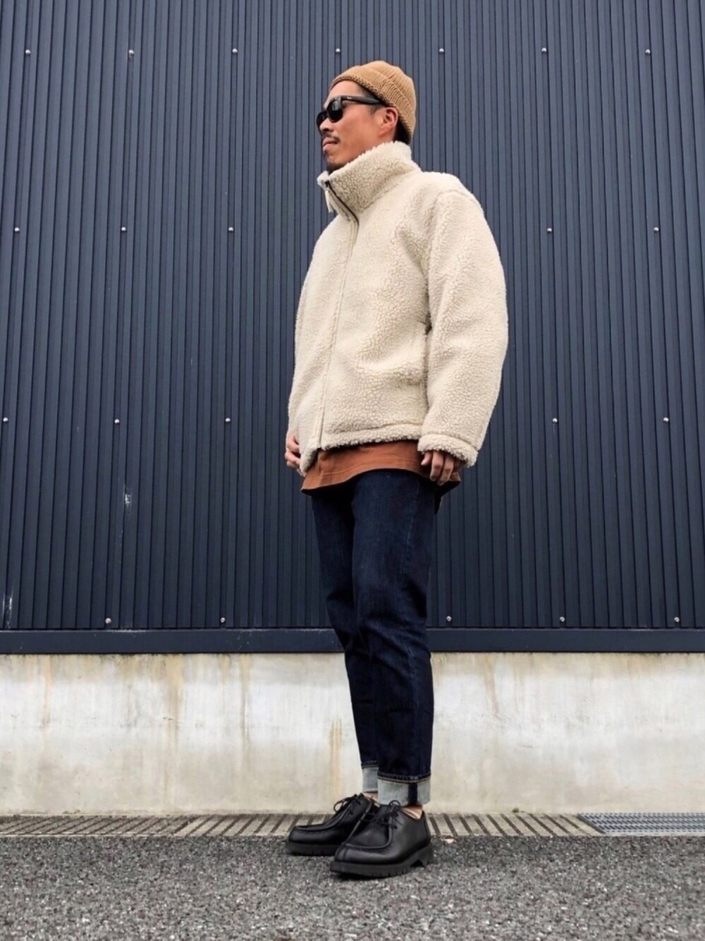 「ボアジャケット、もこもこ、プチプラコーデ、カジュアルコーデ、zozoデニム、オトナカジュアル、UNIQLO U、ユニクロコーデ、UNIQLO、シンプルコーデ」｜「UNIQLOのフリースジャケット（長袖）（ブルゾン、ベージュ系）」を使った、KYO---TAさん（メンズ・176cm）の冬コーディネートの1枚目の写真