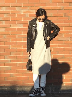 「ロング丈」｜「アイテム（ライダースジャケット）」を使った、stylist komakiさん（レディース・162cm）の冬コーディネート