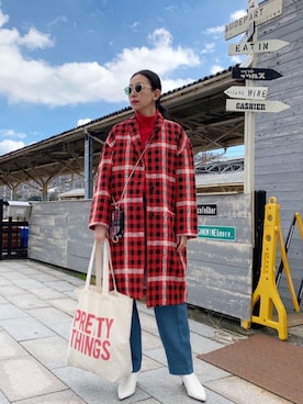 「赤チェック」｜「アイテム（その他アウター）」を使った、stylist komakiさん（レディース・162cm）の冬コーディネート