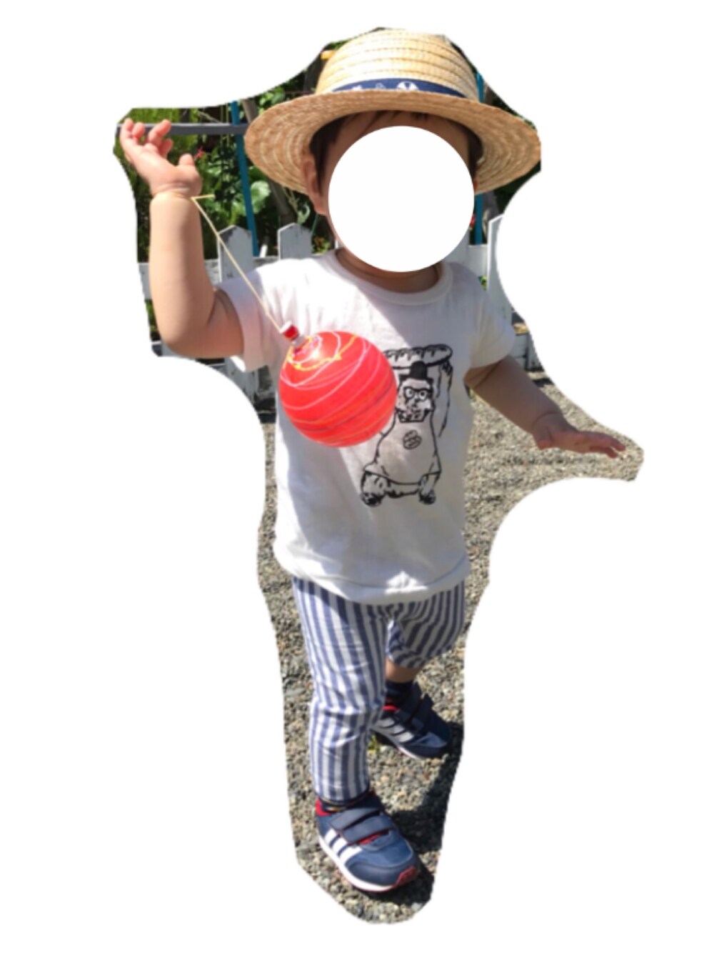 「1歳、1歳半、男の子コーデ、キッズコーデ、キッズファッション、kids、ストライプ、シンプル、夏コーデ、麦わら帽子」｜「UNIQLOのアイテム（レギンス/スパッツ、ブルー系）」を使った、まりたさん（キッズ・80cm）の春コーディネートの1枚目の写真