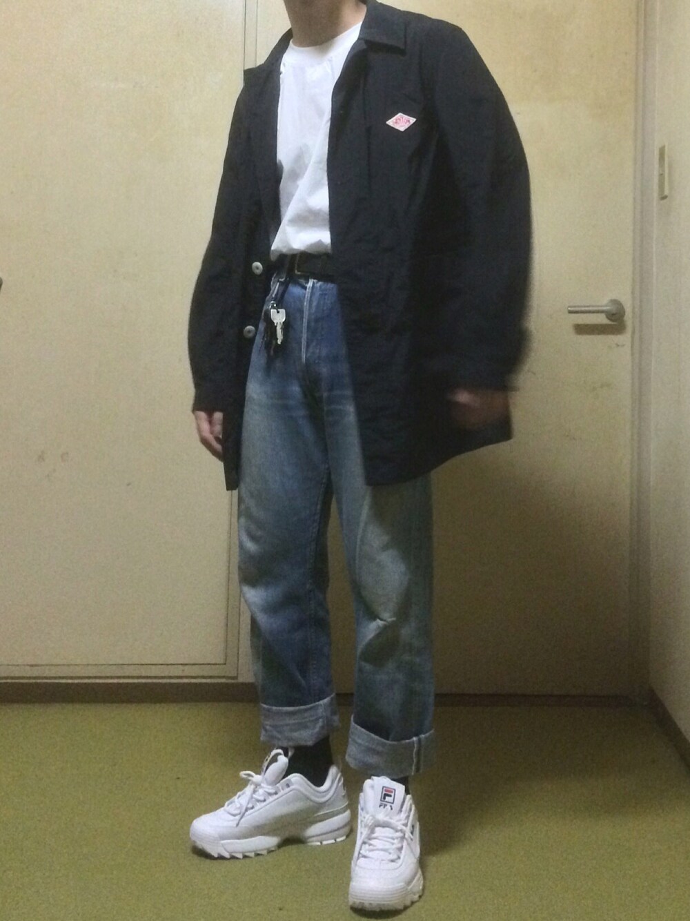 「Danton、GU、FILA、Levi's、outfit、fashion、80s、おしゃれさんと繋がりたい」｜「DANTONのナイロン カーコート MEN（その他アウター、ブラック系）」を使った、Taka→さん（メンズ・165cm）の秋コーディネートの1枚目の写真