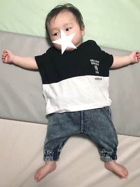 「NEEDLE WORK SOON（ニードルワークスーン）のアイテム」を使った、Kae&Tsubaさん（キッズ・70cm）の春コーディネート