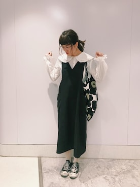 「POU DOU DOU（プードゥドゥ）のアイテム（ジャンパースカート）」を使った、Dさん（レディース・155cm）の冬コーディネート