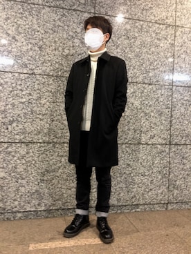 「定番」｜「アイテム（ステンカラーコート）」を使った、Masayaさん（メンズ・178cm）の冬コーディネート