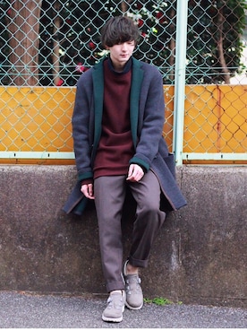 「White Mountaineering」｜「アイテム（スウェット）」を使った、ゆーたまるさん（メンズ・173cm）の冬コーディネート