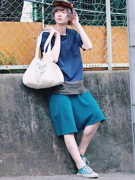「hatra（ハトラ）のアイテム（パンツ）」を使った、ゆーたまるさん（メンズ・175cm）の夏コーディネート